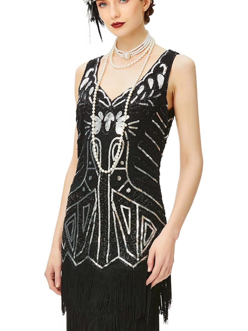 Black Beaded V-Neck Flapper Dress with Fringe